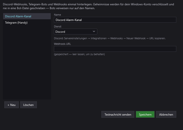 Der Dienste-Manager mit einem Discord-Zugang