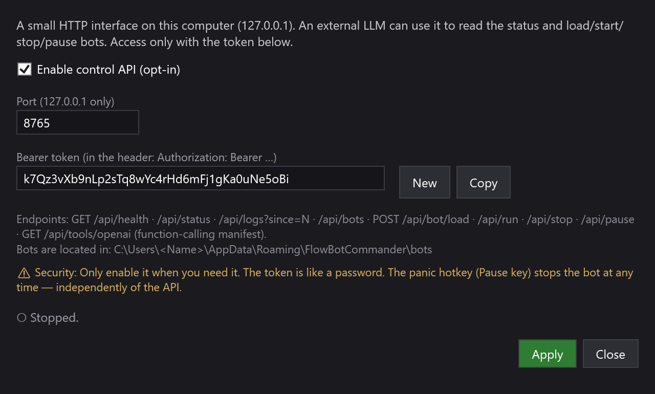The Control API window with the checkbox, port and token