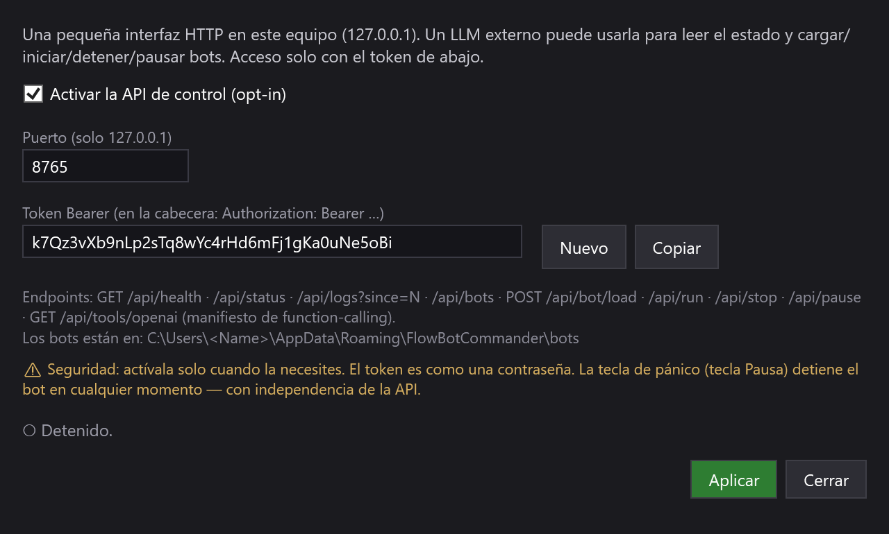 La ventana API de control con la casilla, el puerto y el token