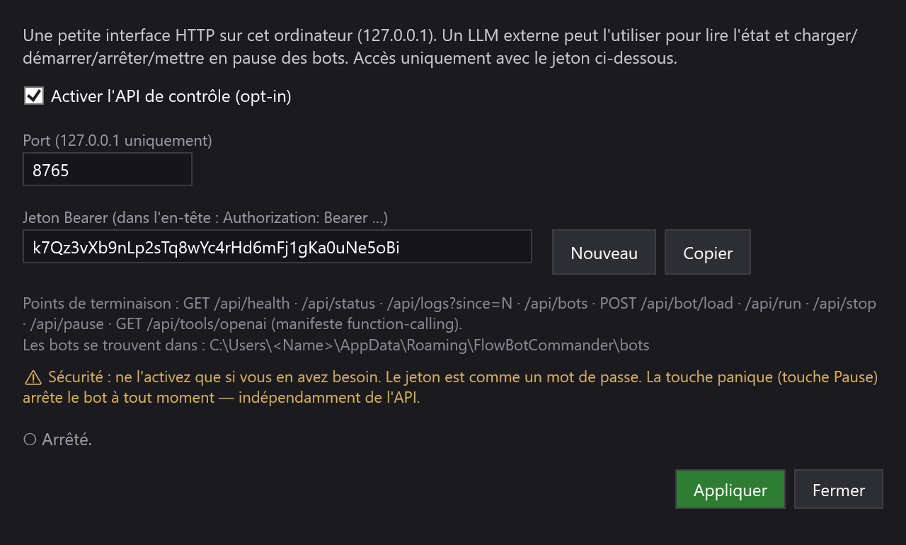La fenêtre API de contrôle avec la case, le port et le jeton