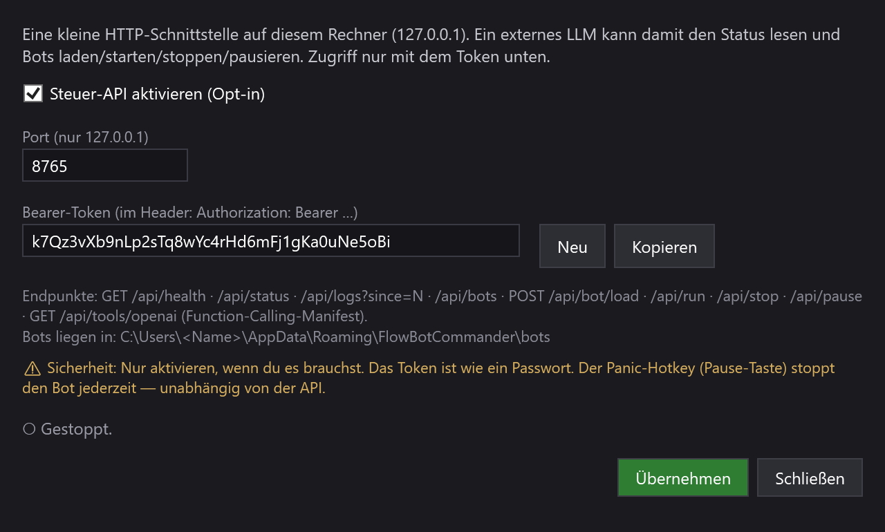 Das Fenster Steuer-API mit Häkchen, Port und Token